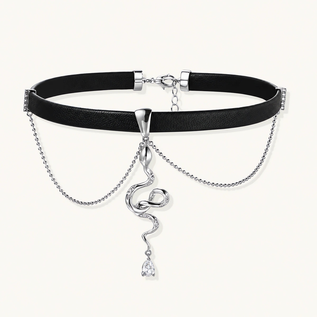 Black leather choker with white gold-plated serpent pendant adorned with zirconia crystals and teardrop charm