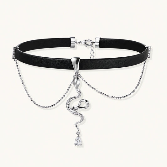 Black leather choker with white gold-plated serpent pendant adorned with zirconia crystals and teardrop charm