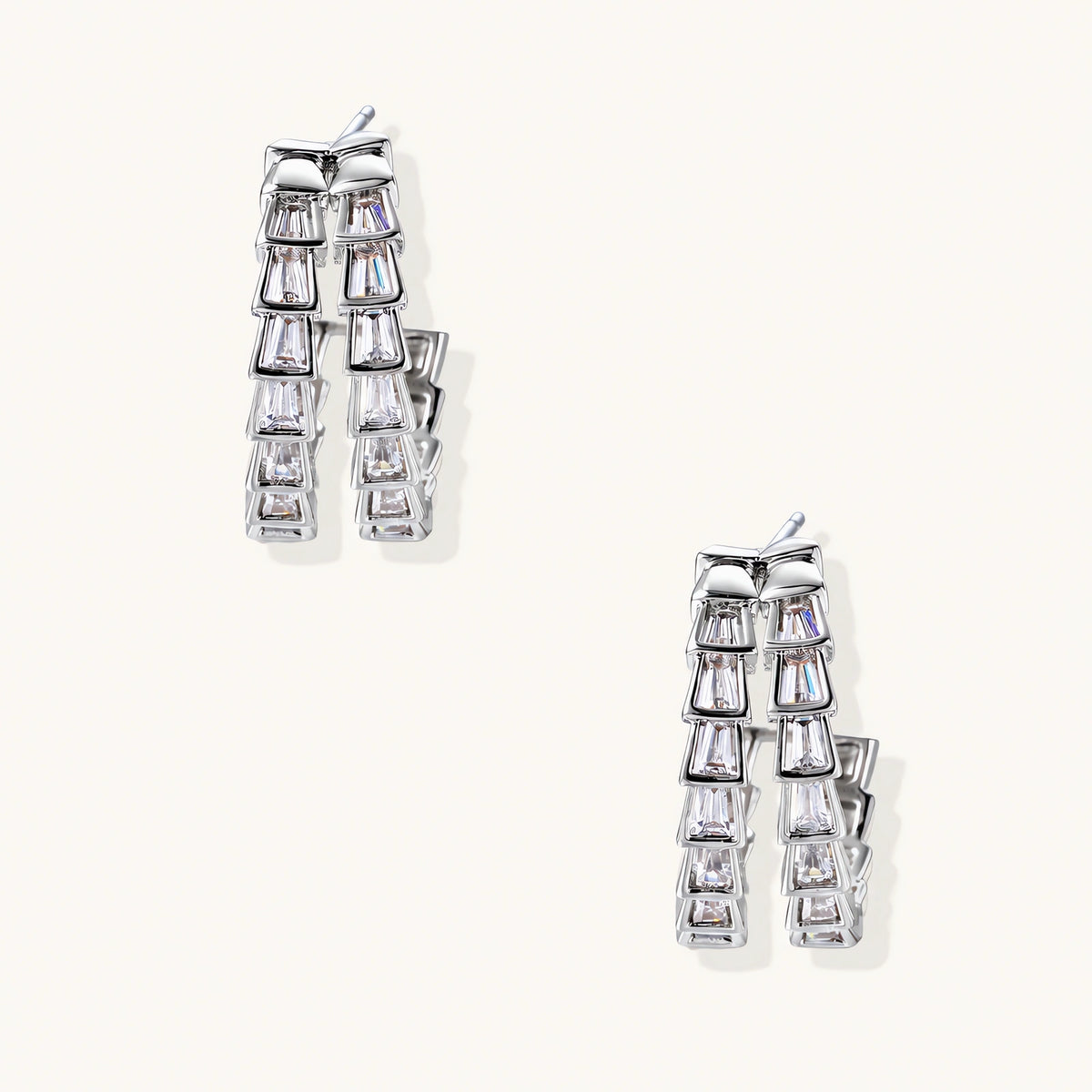 White gold-plated hoop earrings with double row of baguette-cut zirconia stones in geometric ladder design