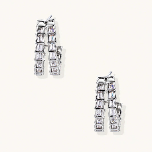 White gold-plated hoop earrings with double row of baguette-cut zirconia stones in geometric ladder design