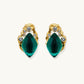 Gold-plated stud earrings featuring teardrop emerald green liuli stones with cubic zirconia crystal accents on white background.