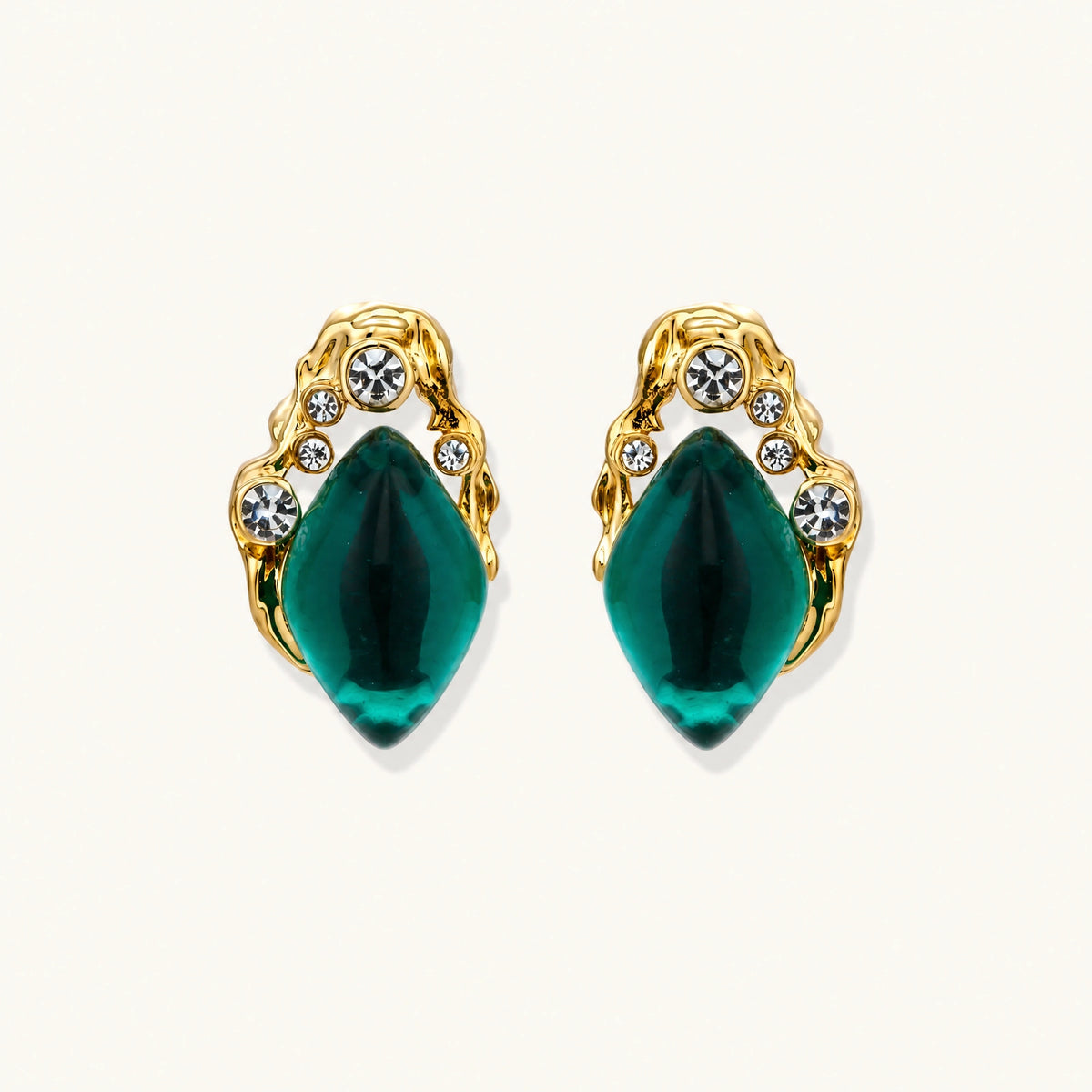 Gold-plated stud earrings featuring teardrop emerald green liuli stones with cubic zirconia crystal accents on white background.