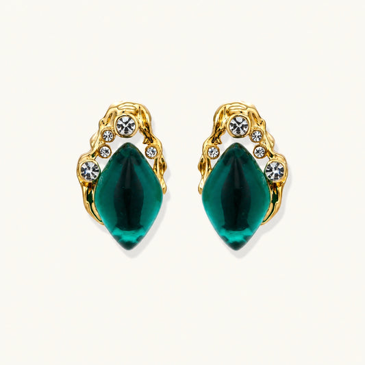 Gold-plated stud earrings featuring teardrop emerald green liuli stones with cubic zirconia crystal accents on white background.