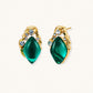 Gold-plated stud earrings featuring teardrop emerald green liuli stones with cubic zirconia crystal accents on white background.