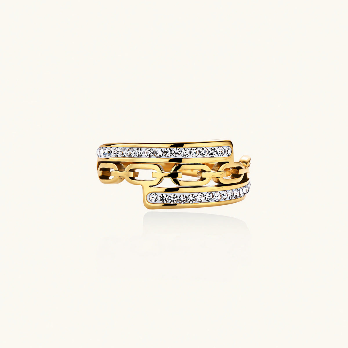 Gold-plated stainless steel ring with geometric chain link design flanked by two rows of clear rhinestones